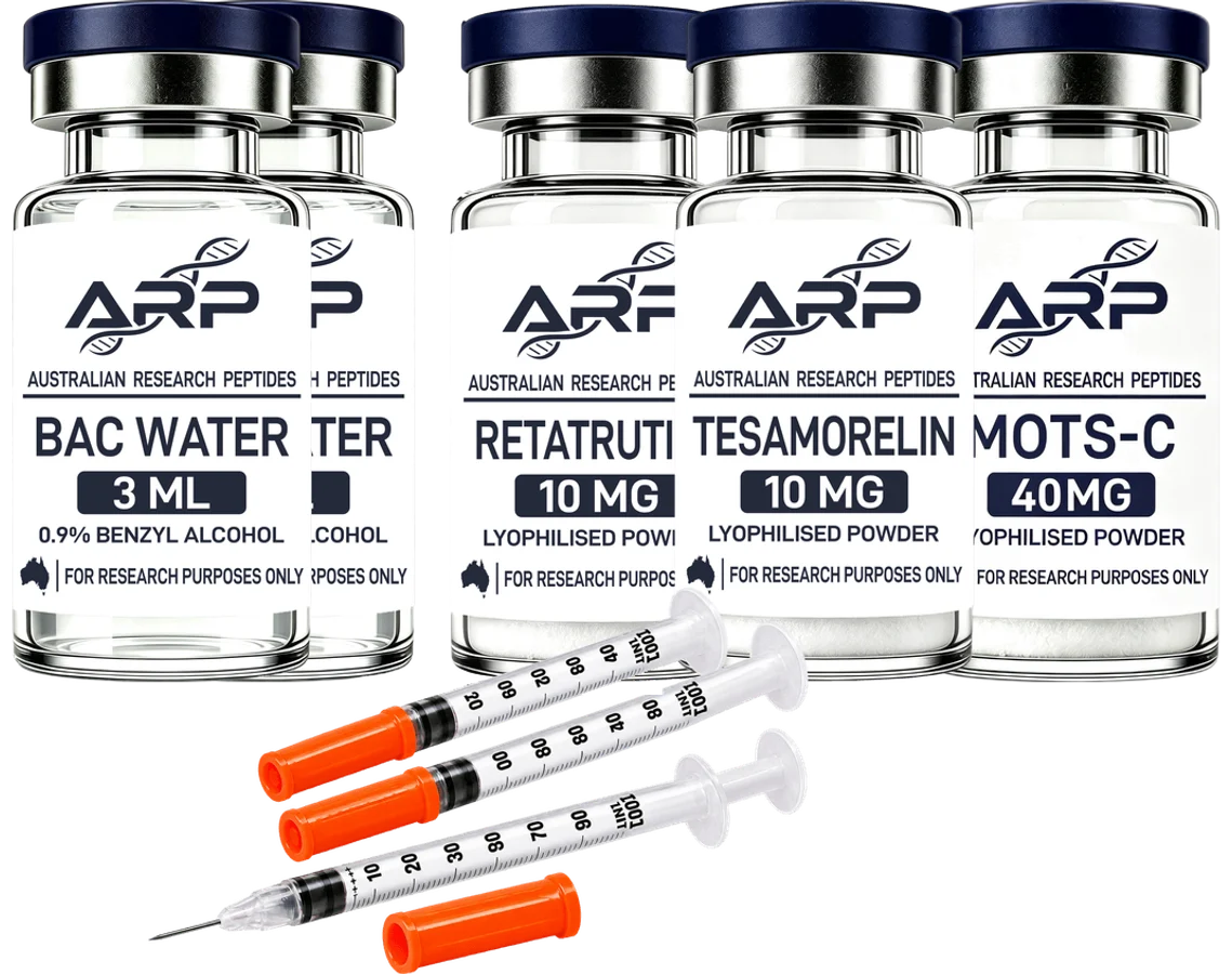 Reta + Tesa + MOTS-C Bundle — Retatrutide 10mg + Tesamorelin 10mg + MOTS-C 40mg + 2 × BAC Water 3ml + 3 × 0.5 mL Graduated Syringes 20 Pack, as supplied