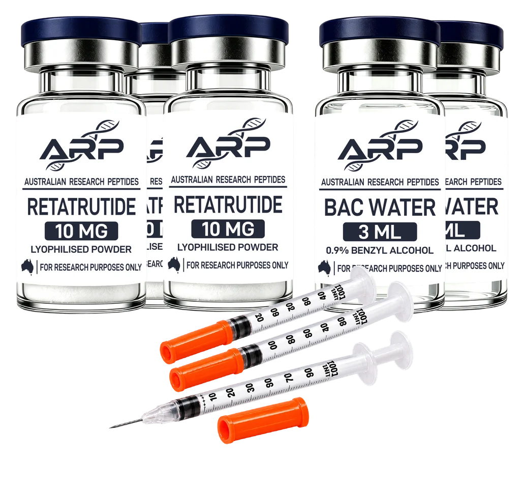 Retatrutide Mega Bundle — 3 × Retatrutide 10mg + 2 × BAC Water 3ml + 3 × 0.5 mL Graduated Syringes 20 Pack, as supplied