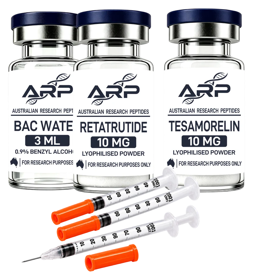 Retatrutide + Tesamorelin Bundle — Retatrutide 10mg + Tesamorelin 10mg + BAC Water 3ml + 0.5 mL Graduated Syringes 20 Pack, as supplied